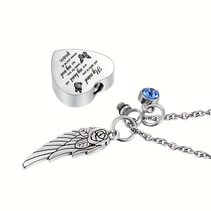 Heart Urn Necklaces for Ashes Angel Wings Cremation Jewelry Keepsake Memorial Pendant for Men Women-with 12 PCS Birthstone