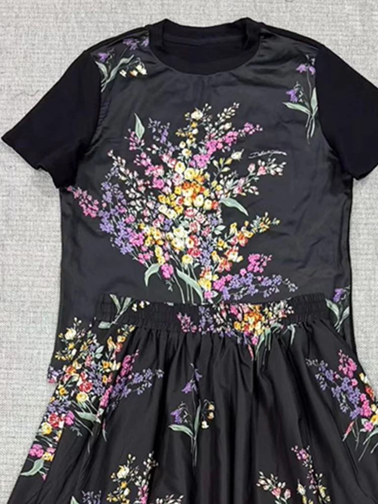 Designer Retro Geometric Print Color Block Short Sleeve T-shirt Two-piece Set 2026 Summer Women's Clothing + Loose Skirt Suit