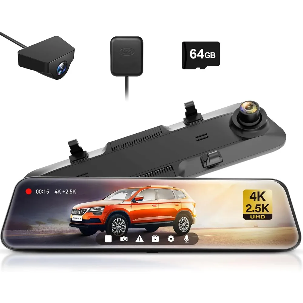 Rear View Mirror Camera, Mirror Dash Cam 4K Front and 2.5K Rear, Smart Full 12’’ Touch Screen, Backup Camera for Car, GPS