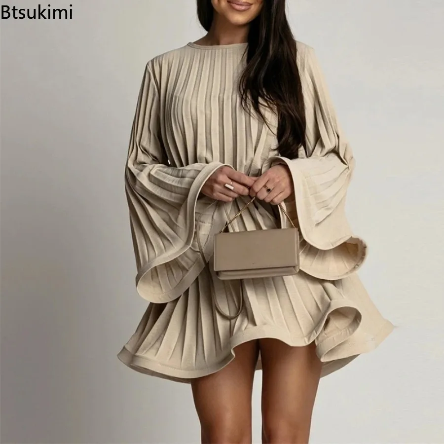2026 Damen Neues Frühling-Sommer Elegantes Plissiertes Kleid Mode Einfarbig Rundhals Trompetenärmel Schnürung Plissiertes Minikleid