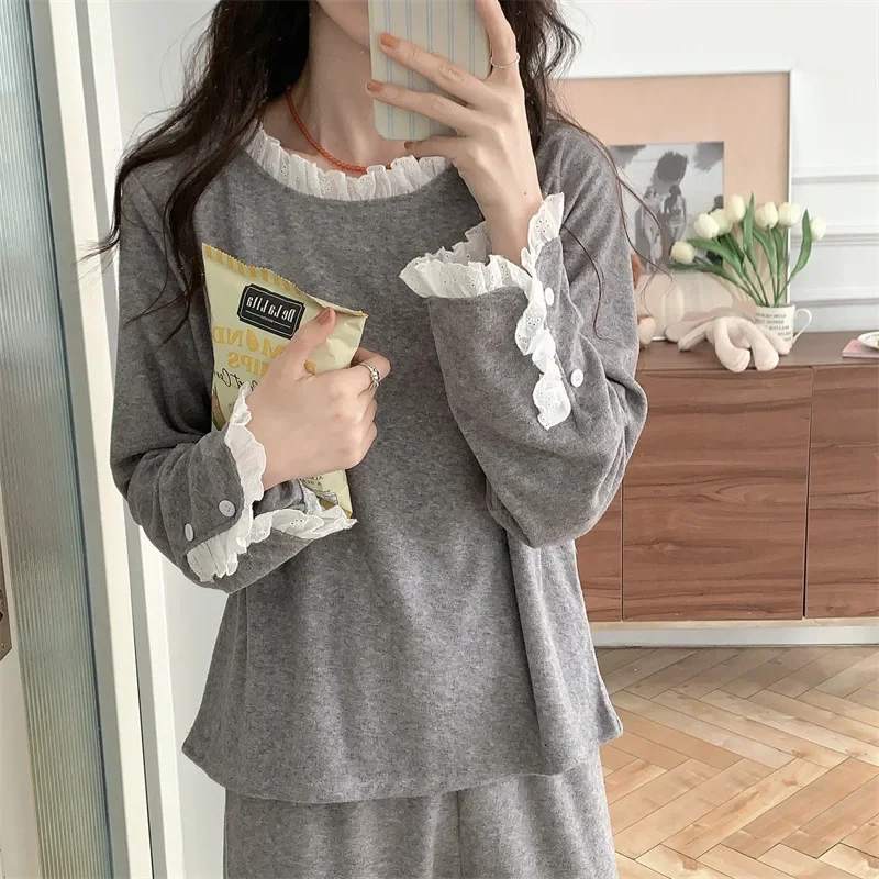 Pajamas for Women Simple and Comfortable Lace Long Sleeved Sleepwear Set Casual Loose Round Neck Gray Soft Home Suit for Women