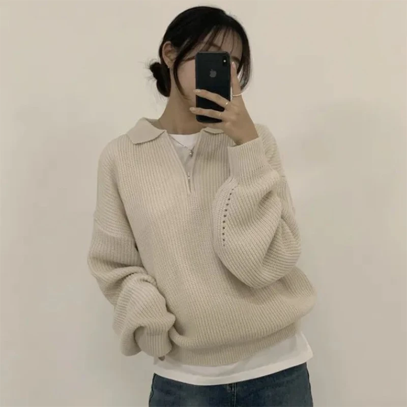 

Простой и универсальный воротник-поло с полумолнией, ленивый и свободный свитер, теплый и толстый вязаный свитер, новинка осени/зимы 2023 г.