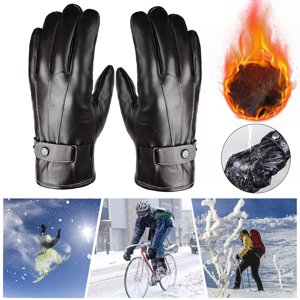 Men Winter Waterproof Cycling Gloves Outdoor Sports Running Motorcycle Ski Touch Screen PU Leather Gloves Non-slip Warm Gloves