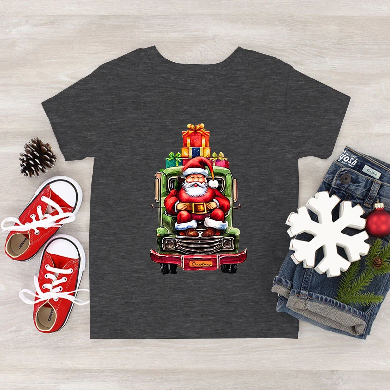 Santa Claus Truck Christmas Gift Print Kids T-shirt Fashion Short Sleeve Clothing Christmas Party Boys Girls Cartoon Xmas Tshirt