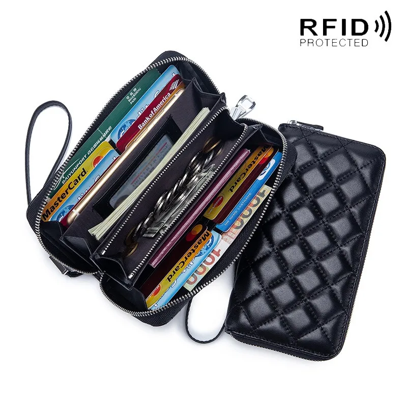 Genuine Leather RFID Long Wallet Phone Bag Sheepskin Coin Purse Key Lipstick Case Pouch ID Card Holder Women Clutch Handbag