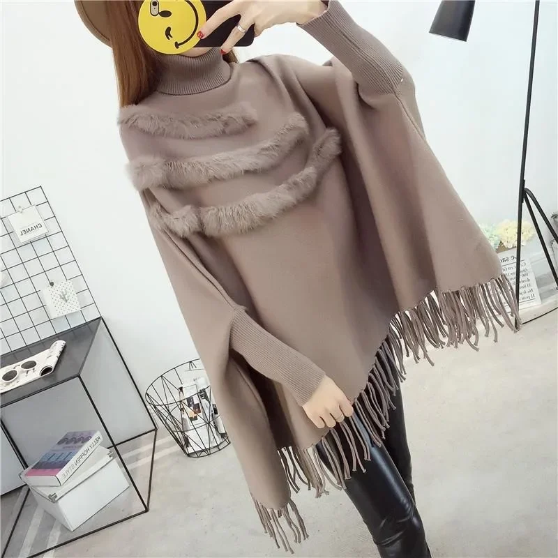 Bat shirt sweater women's pullover cloak top medium long tassel knit sweater shawl jacket loose women's clothing