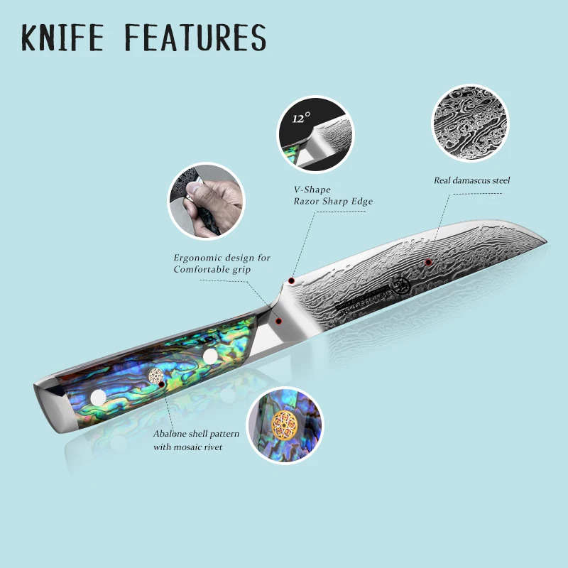 Damascus 5''Steak Knife AUS10 Japanese Damascus Steel Chef Knife Utility Petty Tomato Slicing Cooking Tools Abalone shall Handle