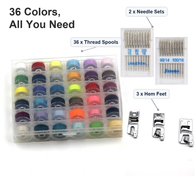 36 Spool Sewing Thread Set for Machine Sewing, Colorful Polyester Thread Box with Needles and Hemming Feet, Sewing Supplies Kit