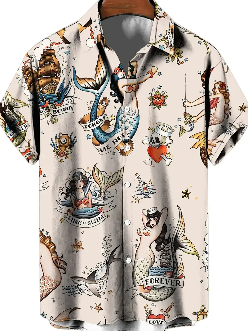 Plus Size Mens Hawaiian Style Short Sleeve Shirt - Vibrant 3D Mermaid & Sailboat Graphic Print - Perfect for Summer Beach Holida