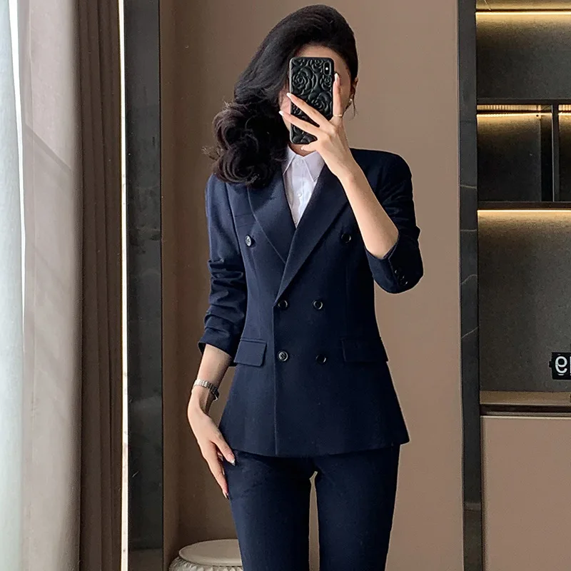 Navy blue women's suit set for autumn and winter, formal attire for college student interviews, professional workwear, elegant b
