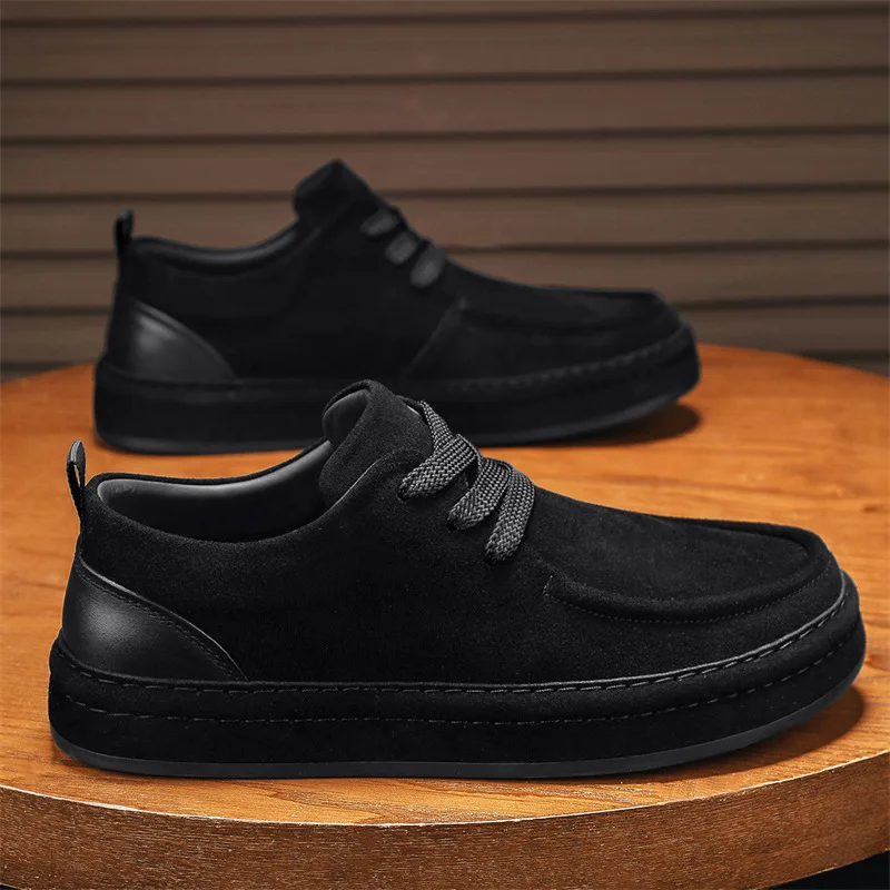 Fashion Brown Men Suede Casual Shoes Autumn New Daily Comfy Flat Shoes British Men Thick-Soled Lace-up Sneakers Tennis Masculino