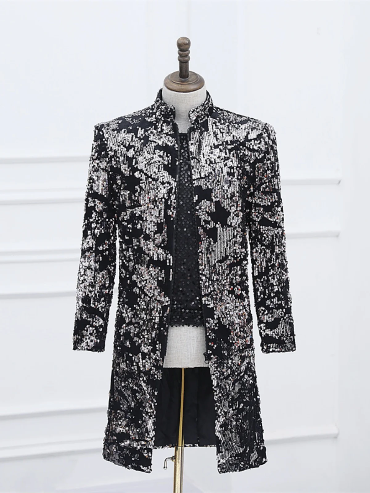 Black Silver Velvet Sequin Printed Long Windbreaker Suit Jacket Nightclub Men's And Women's Bar Nightclub Singer Stage Dress