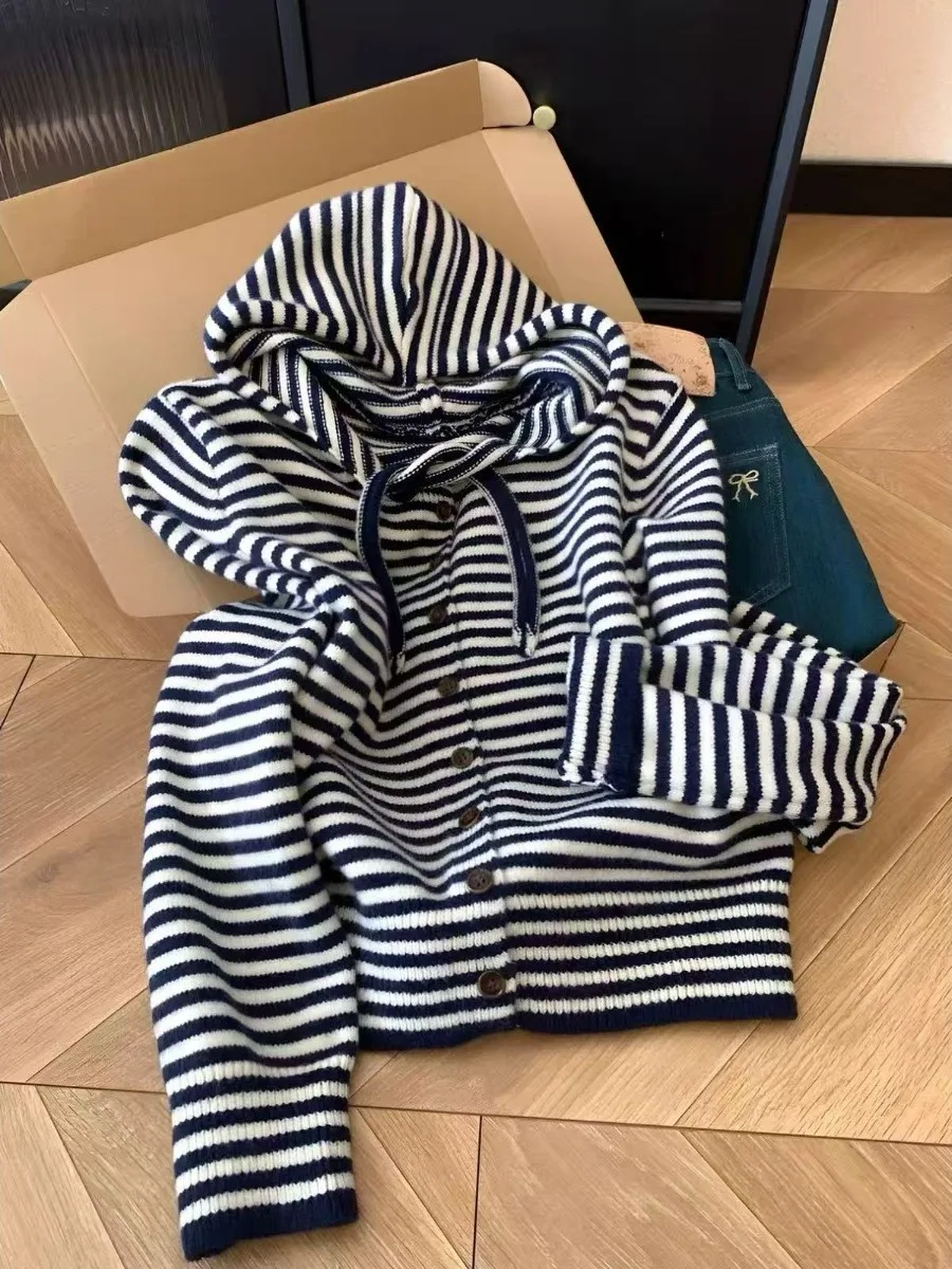 Korean Lazy Style Striped Hooded Knitted Cardigan Women's Autumn Soft Versatile Slimming Sweater Jacket Top Loose Fit Regular...