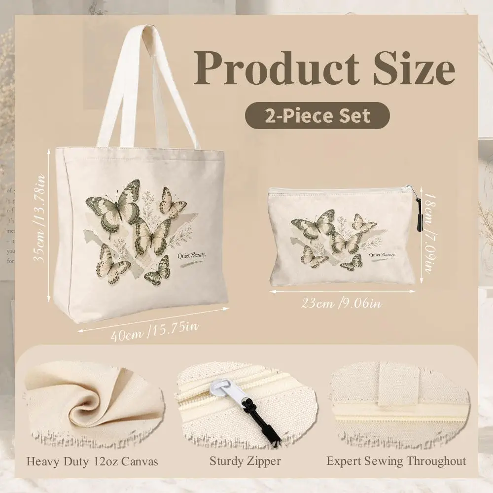 Vintage Butterfly Quote Storage Bags 2-Piece Women's Canvas Zipper Large Capacity Reusable Daily Commute Shopping&Gift