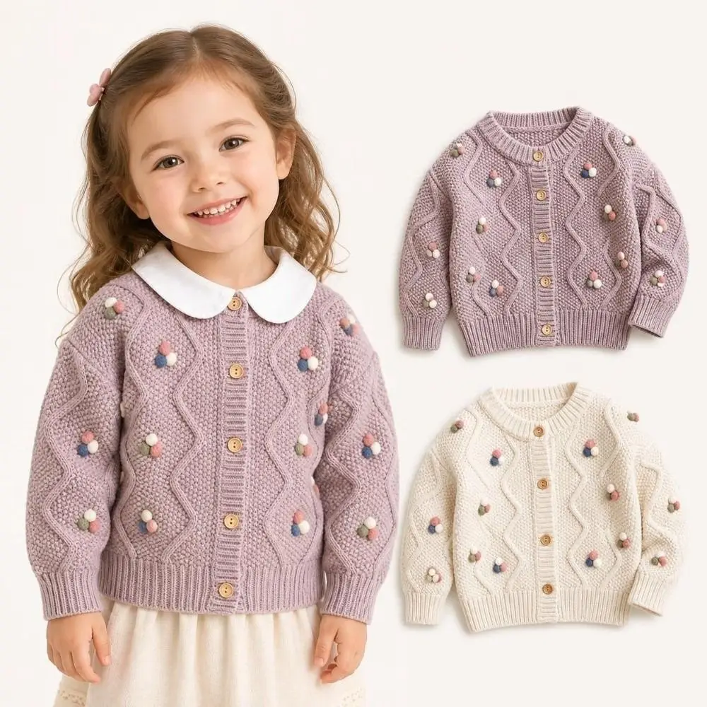 Fashion Sweet Knitted Sweater Warm Pom Pom Design Knitted Cardigan Candy Color Outerwear Autumn