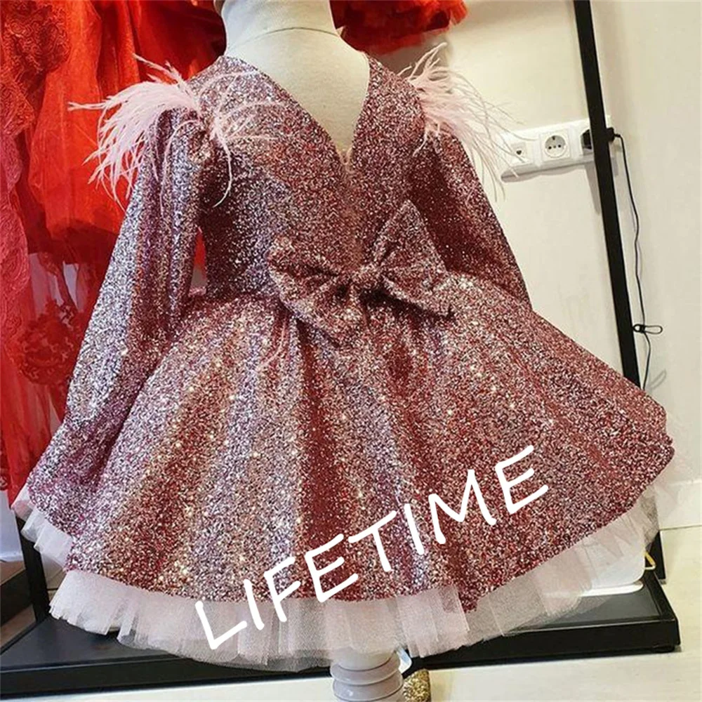 Sparkly Sequined Flower Girl Dresses Crew Long Sleeves Bow Knee Length Lilttle Kids Birthday Ball Gown Pageant Weddding Clothes