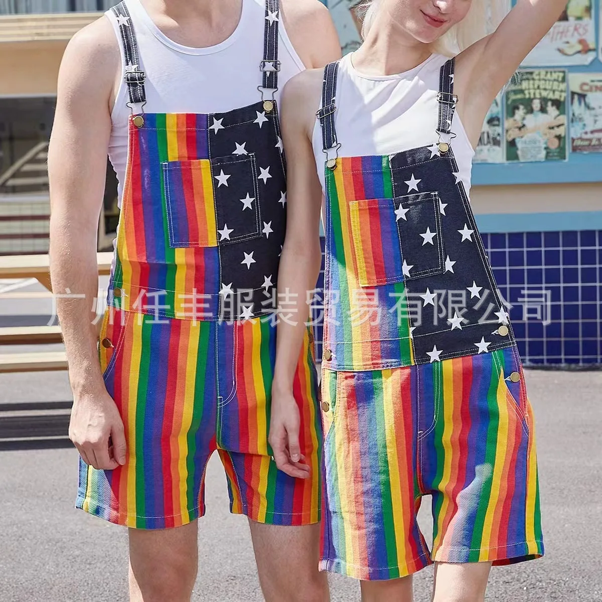 New Independence Day American Stars Rainbow Couple Overalls Suspender Shorts Men