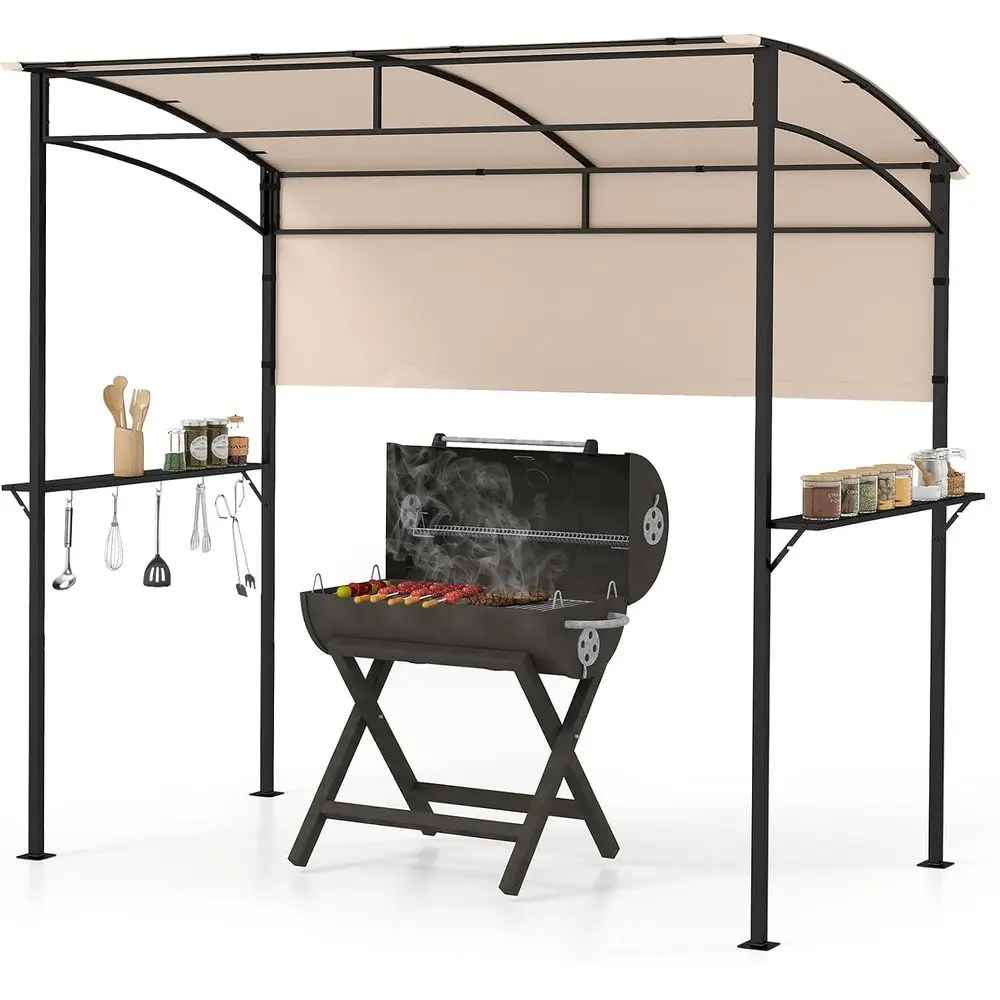 Outdoor Grill Gazebo with Side Shelf & 5 Hooks, Durable Metal BBQ Shelter for Patio Parties (Beige, 239 x 108cm)