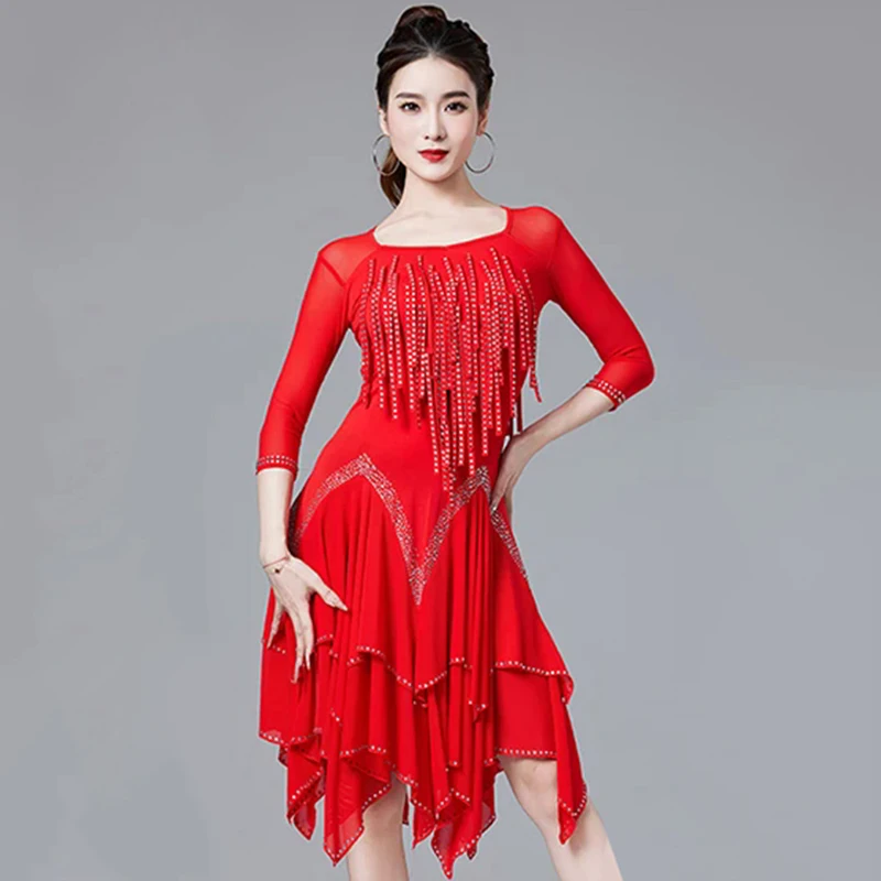 

Women One-Piece Latin Dance Dresses Gilr Salsa Samba Sling Stretchy Dress Half Sleeves Fringes Competition Costume Set