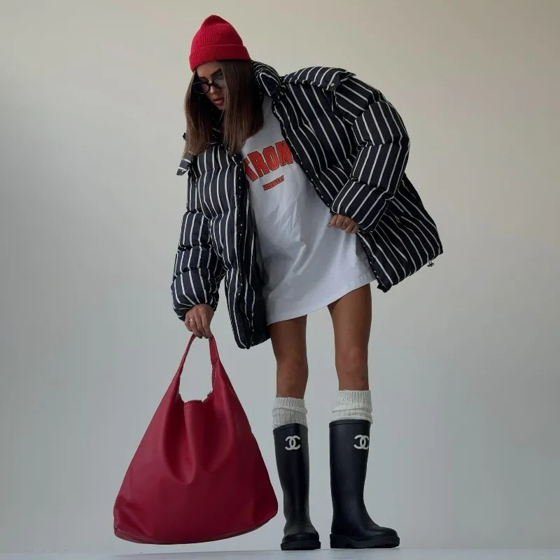 

Winter New High Street Top Striped Cotton Clothes Women's Medium and Long Hooded Loose Warm Fashion Street Cotton Jacket