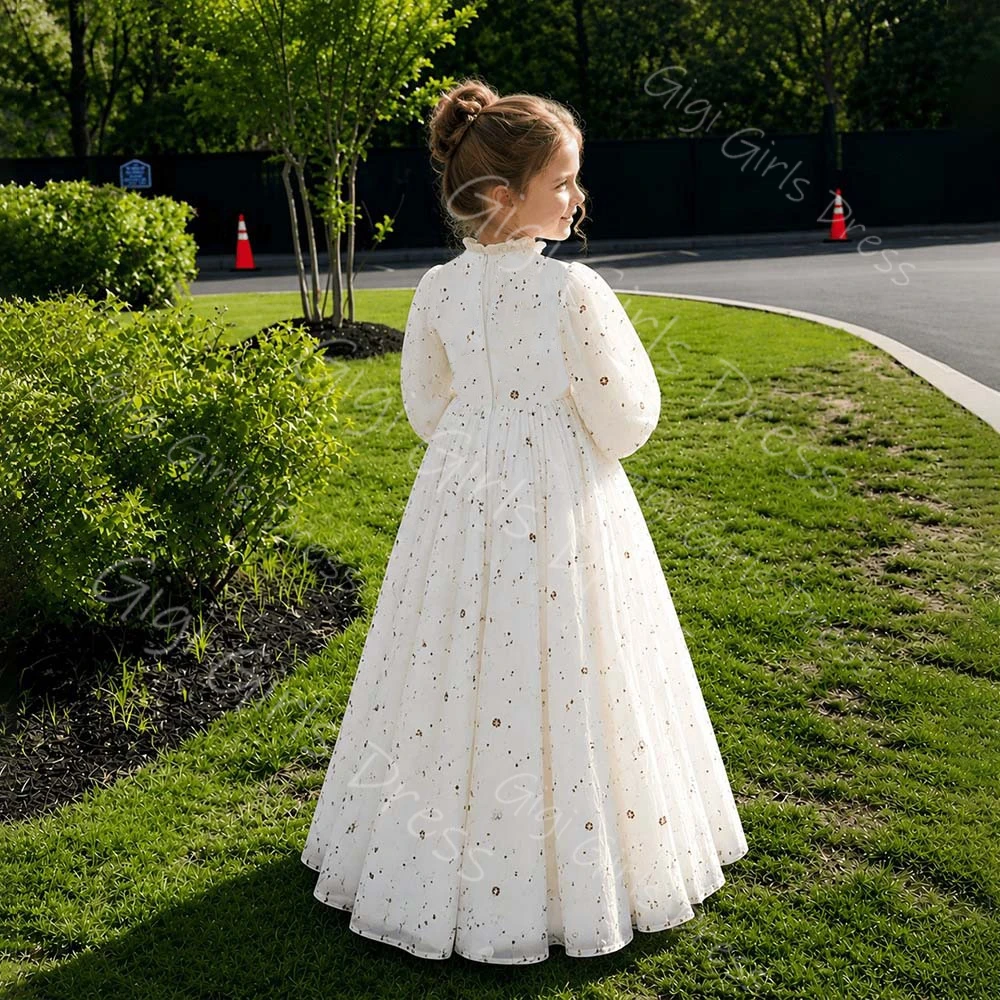 A-line/Princess Embroidered Lace First Communion Dress High Neck Balloon Sleeves Flower Girl Dress for Wedding Kids Party Gown