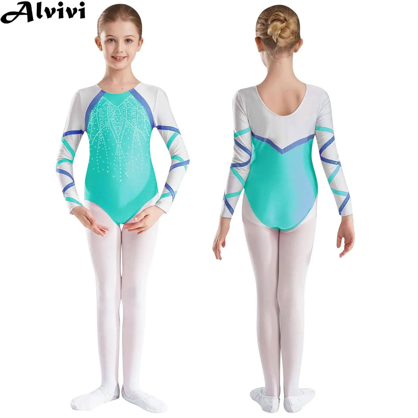 Teen Girl Ballet Dance Leotard Gymnastics Figure Skating Acrobatics Yoga Bodysuit Long Sleeve Shiny Rhinestone Catsuit Dancewear