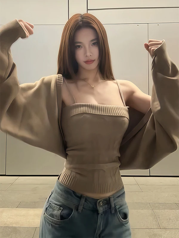 

Женский вязаный комплект: кардиган и топ без рукавов, облегающий, универсальный, повседневный, теплый, подходит для осени, новинка