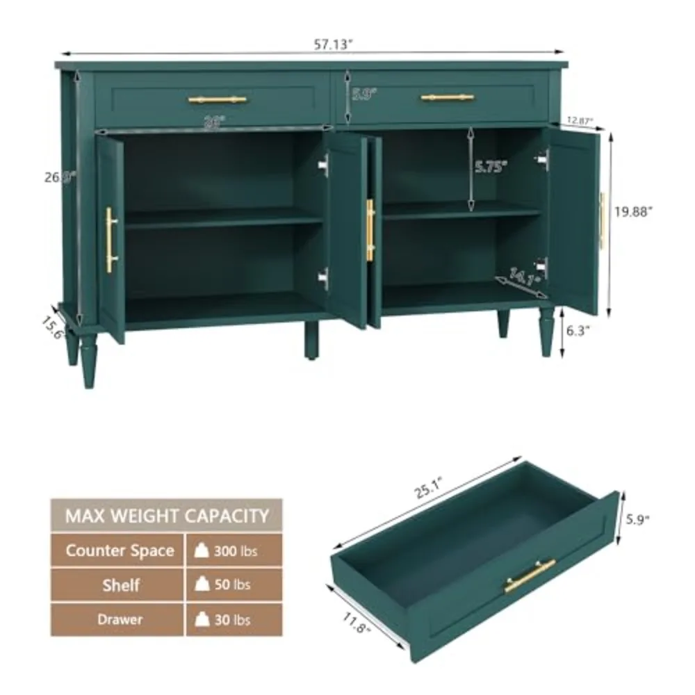 58 Inch Sideboard Buffet Cabinet with Storage, Fluted Buffet Storage Cabinet with 2 Drawers and 4 Doors, Modern Coffee