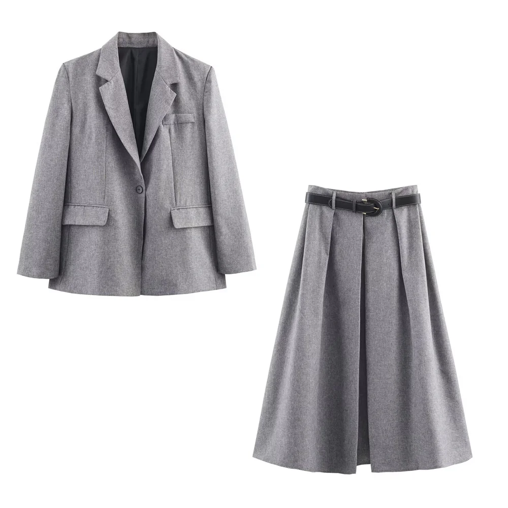 

Winter new women's French collar long sleeved suit jacket with high waisted A-line hem and waist belt pleated MIDI skirt