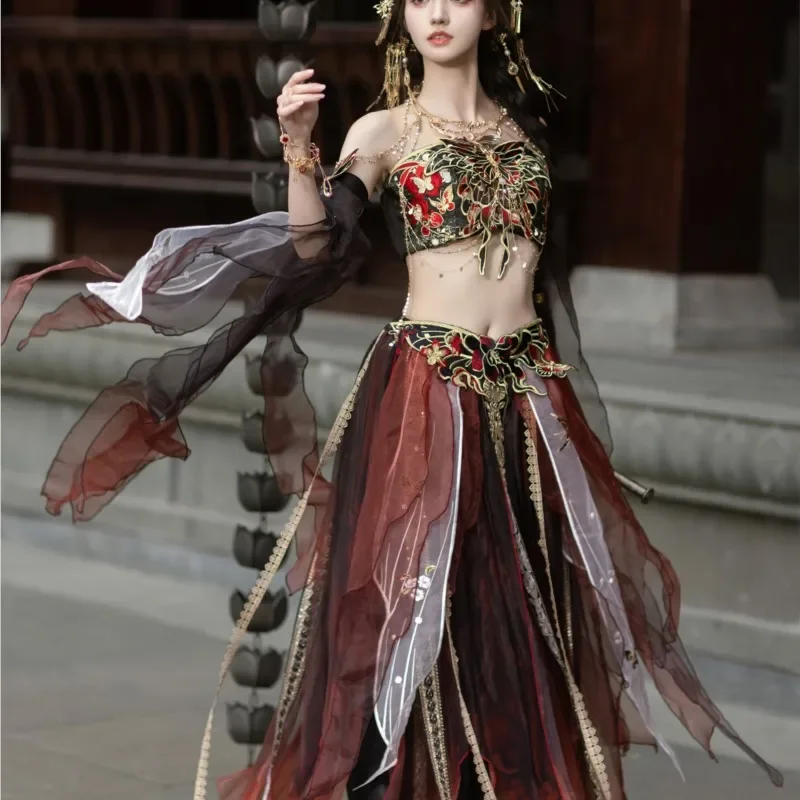 2025 National style design clothing Exotic stand cut embroidery Chebule waist length streamer trouser skirt feathered cuff dress