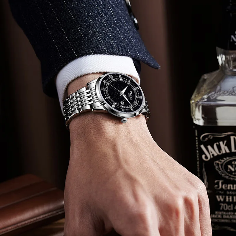 ساعة رجالية ذات علامة تجارية فاخرة، تصميم كاجوال بسيط، حزام ستانلس ستيل، ساعة يد كوارتز بتقويم