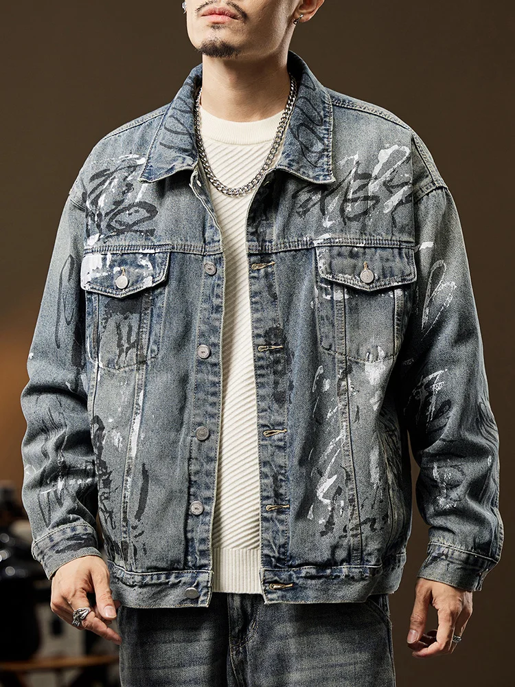 

Мужская джинсовая куртка свободного покроя с ручной росписью American fiti, весенне-осенняя рабочая одежда, классический длинный хлопковый тройник