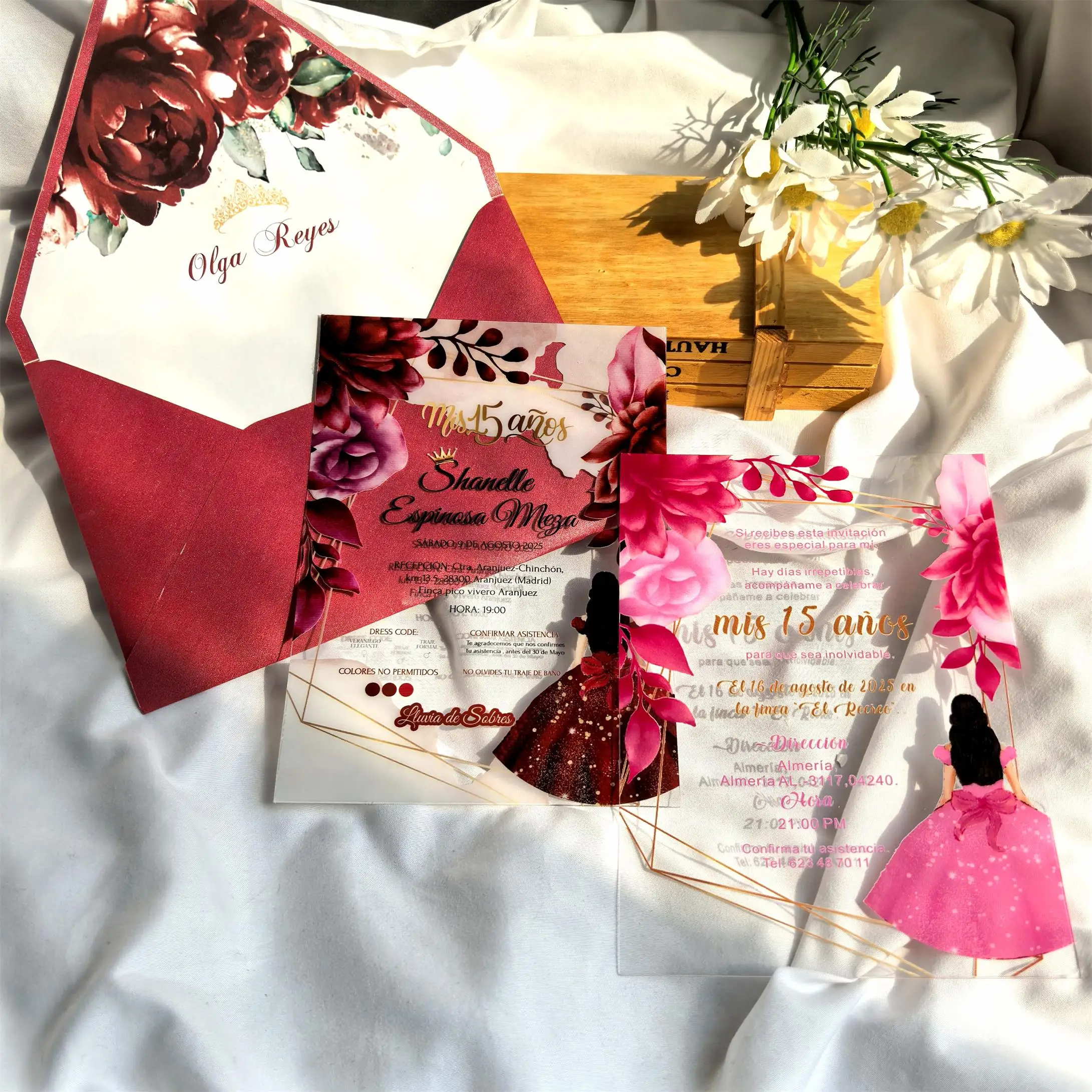 

Mitzvah Quinceanera Acrylic Invitation, Burgundy Butterfly Rose Flower, Sweet 15 Birthday Bar, 0.5mm