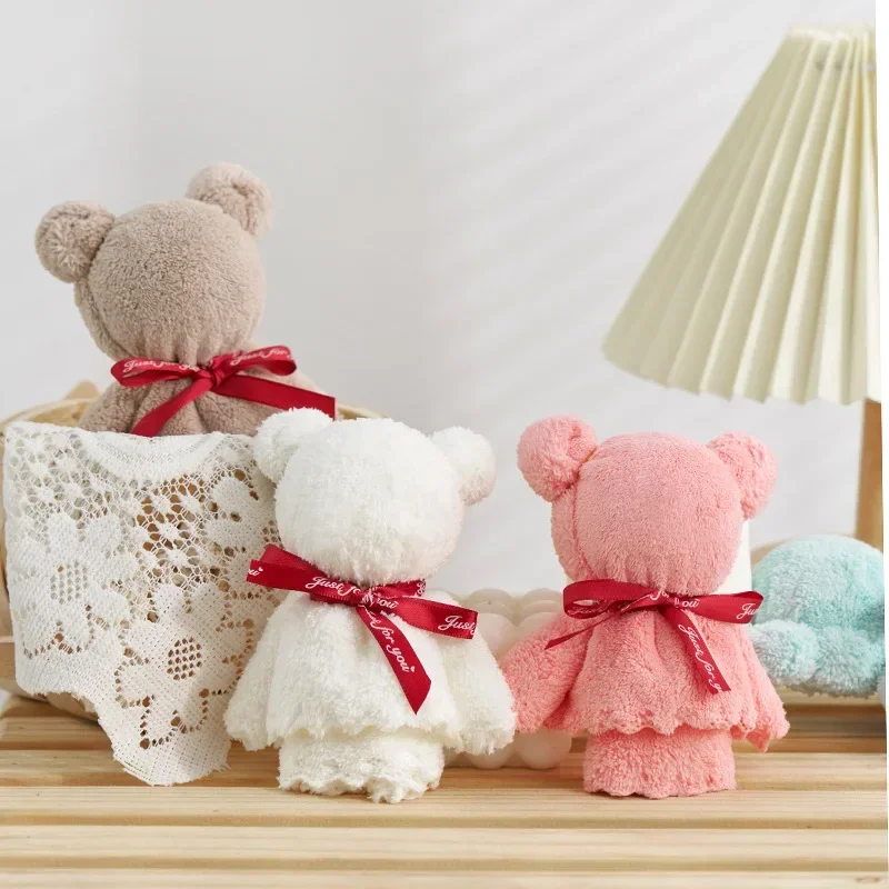 Cute Coral Velvet Bunny Bear Plush Towel Cute Bear Doll Baby Towels Soft Absorbent Bath Face Hand Towel for Wedding Gift