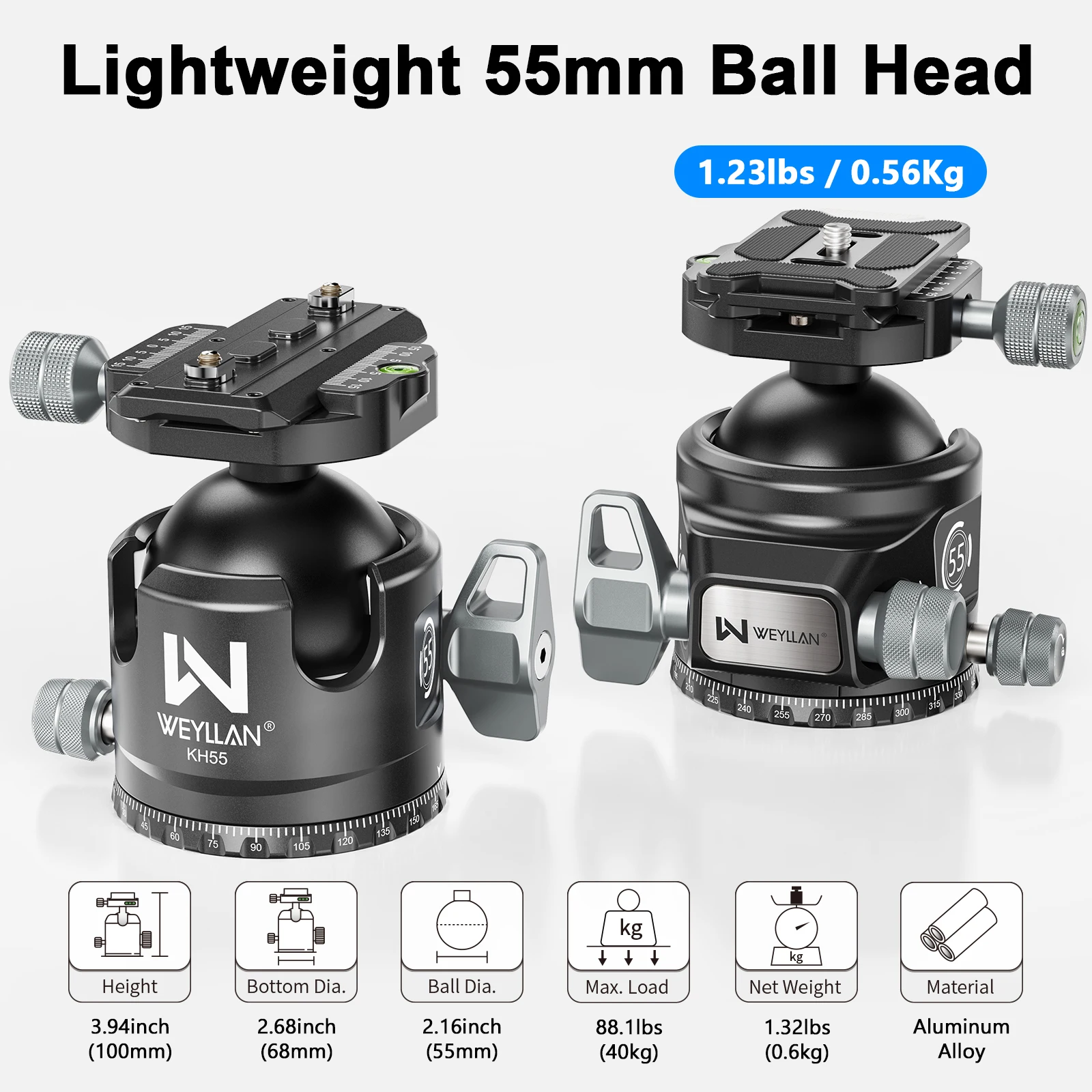Ball Head Mount 55mm Heavy Duty Tripod Head with Mlok Rail Arca Swiss Q.R Plate WEYLLAN KH55 Metal Low Profile Camera Head Mount