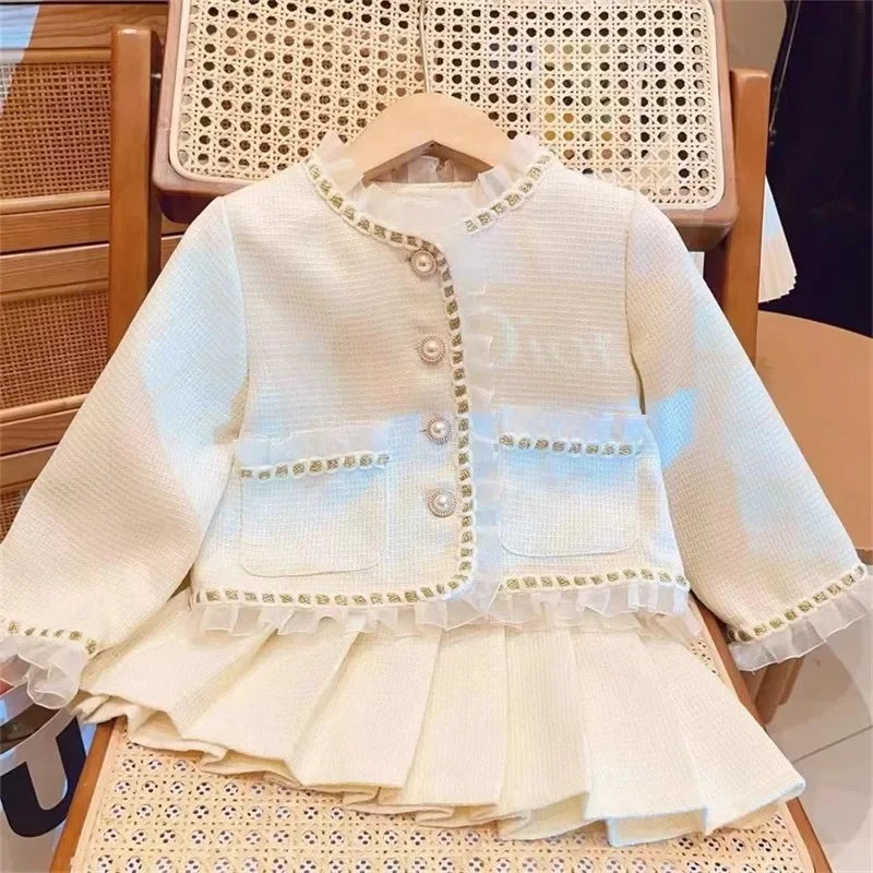 Childrens Sets Spring New Light Luxury Girl Baby Fashion Loose Coat Pleated Skirt Two Pieces 2024 Simple Fashion Sweet