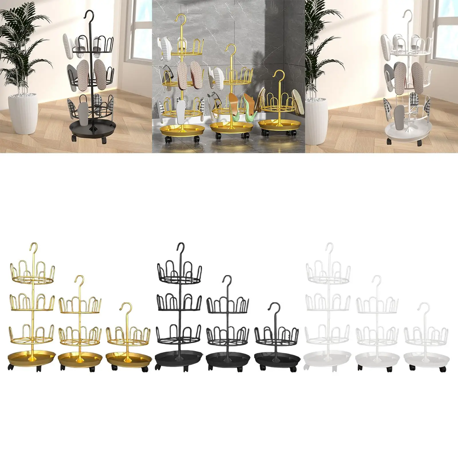 Revolving Shoe Tree Rack Metal Portable Large Capacity Standing Organizer with Hook Swivel Design Space Saving for Balcony