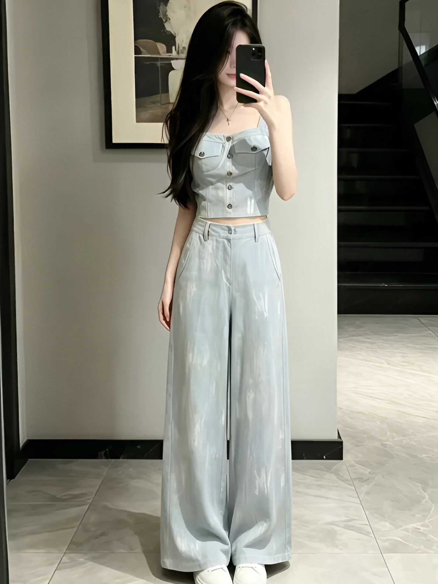 

Summer 2026 Casual Style Versatile Denim Sleeveless Cardigan Gradient Color Block High Waist Pants Three Piece Set for Women