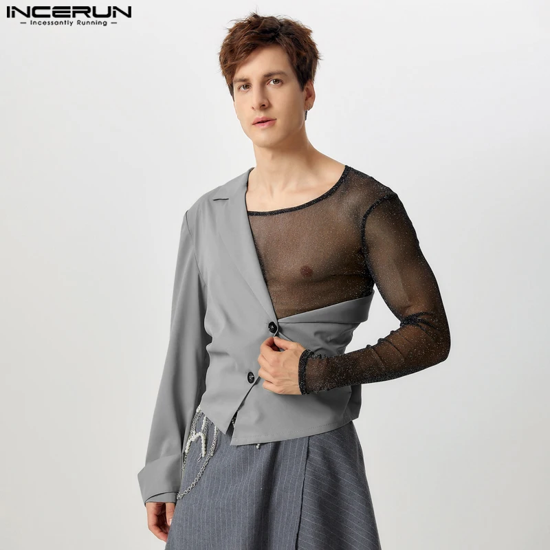 Fashion Sexy Style Tops 2024 INCERUN New Men One Shoulder Cropped Design Suit Coats Casual Personality Solid Long Sleeved Blazer