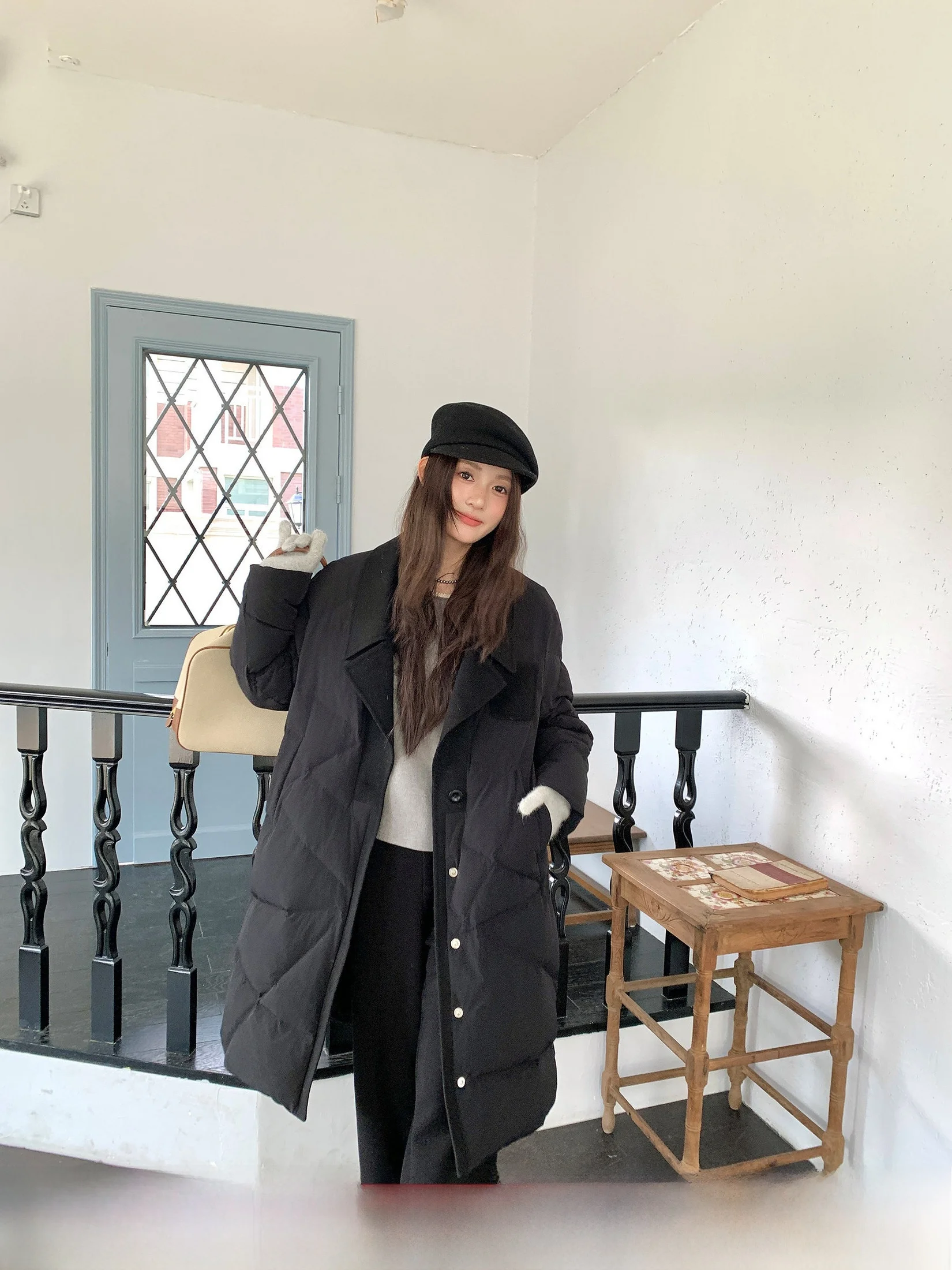 

Пуховик женский Li Xiaoa Bla Label, длинный, свободный, с пэчворком, отложным воротником, зимнее теплое пальто с ромбовидным узором, большие размеры, верхняя одежда