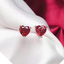 Buyee 925 Sterling Silver Small Stud Earring Light RED CRYSTAL Simple Heart Earring for Woman Fashion Party Fine Jewelry Earring