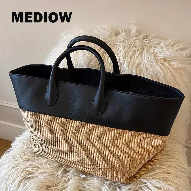 

MEDIOW Genuine Leather Tote Bags For Women Luxury Designer Handbags And Purses 2024 New In Cowhide Large Capacity Straw Shoulder