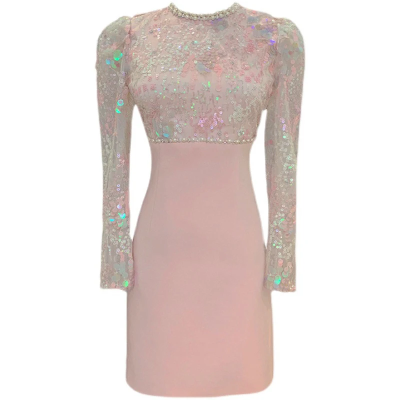 Luxe Pailletten Geborduurde Flares Jurken Lente Vrouwen Lange Mouwen Slanke Mini Jurk Nieuwe Zomer Hoge Taille Roze Een Lijn Korte Jurk