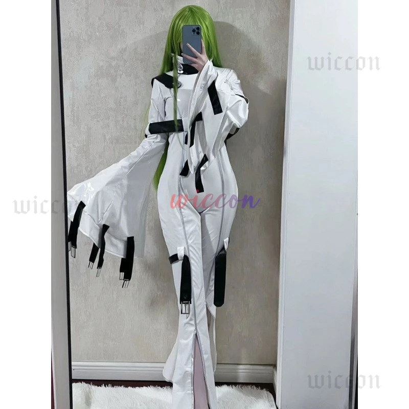 

Anime Code Geass: Hangyaku No Lelouch Cosplay Costumes C.C. Cos Uniform White Slim-Fitting Onesie Woman Jumpsuit Belt Full Set