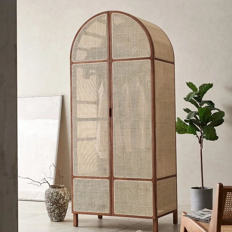 

Japanese-style All-solid Wood Rattan Wardrobe Home Bedroom Cherry Wood Nordic Arched Retro Rattan