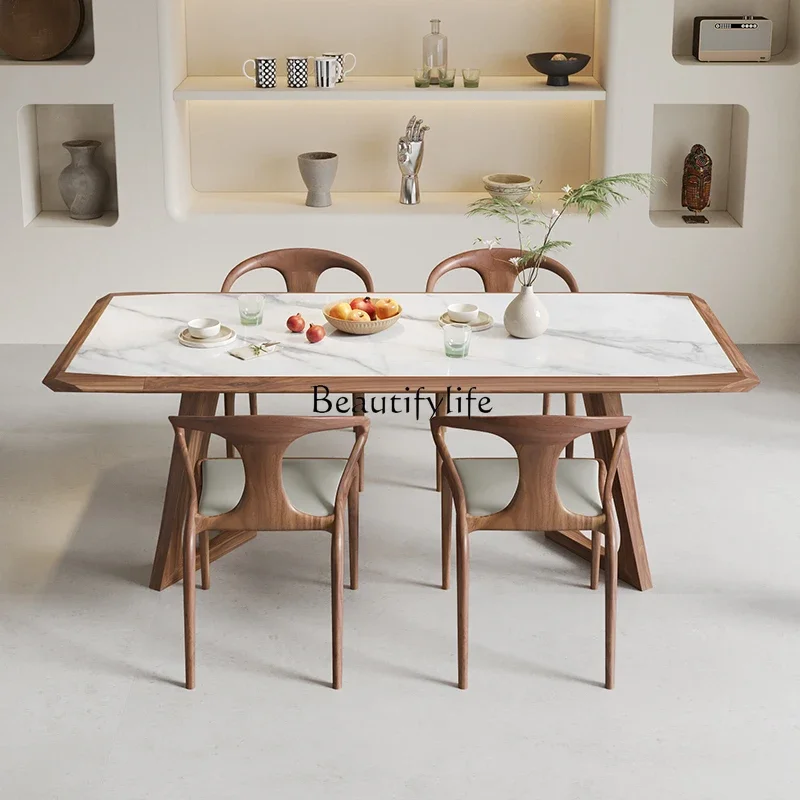 

56*Solid wood high-end black walnut dining table Italian light luxury bright rock slab dining table