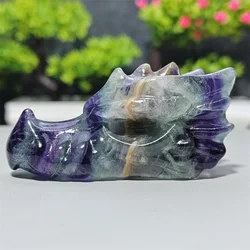 Natural Fluorite Crystal Dragon Head Skull Figurine Crafts, Hand Engraving, Mineral Specimen, Home Decoration Gift Stone