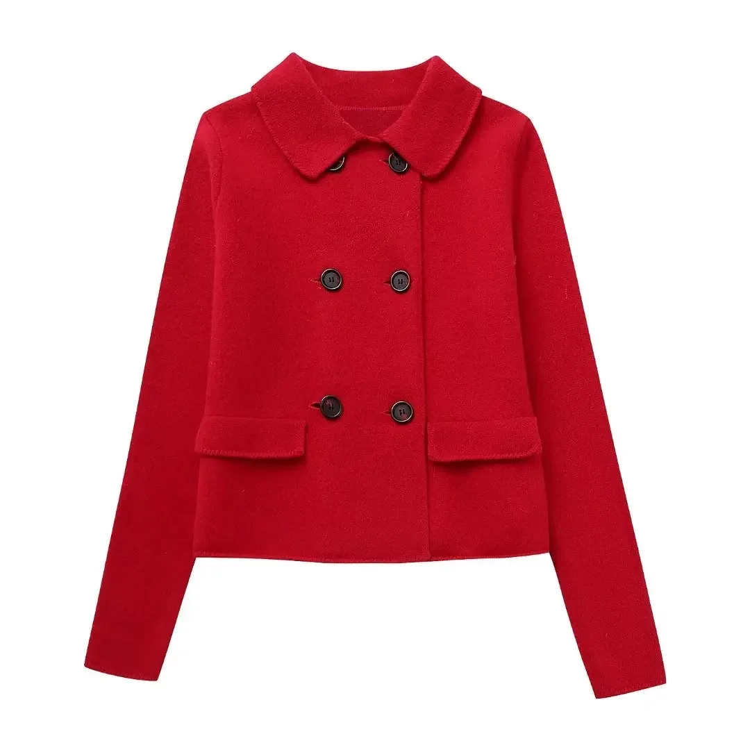 Autumn Women\'s Long Sleeve Woolen Coat Street Wear Pocket Double-Breasted Button Jacket Fashion Red Women\'s Short Jacket