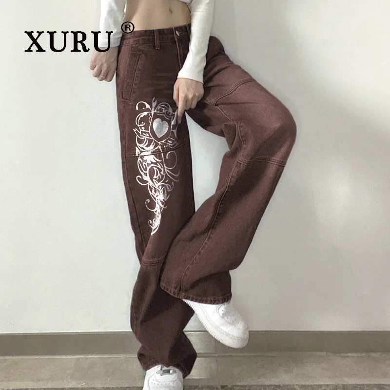 XURU-Trendy Printed Loose Wide Leg Jeans for Women, Casual, K5-6660, New