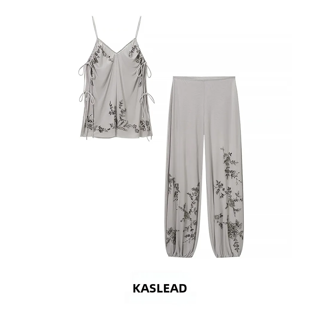 

KASLEAD New Women's Fashion Simple Embroidery Beads Casual Long Pants Set Strap Top Summer Season Two-Piece Suit Plant Floral...